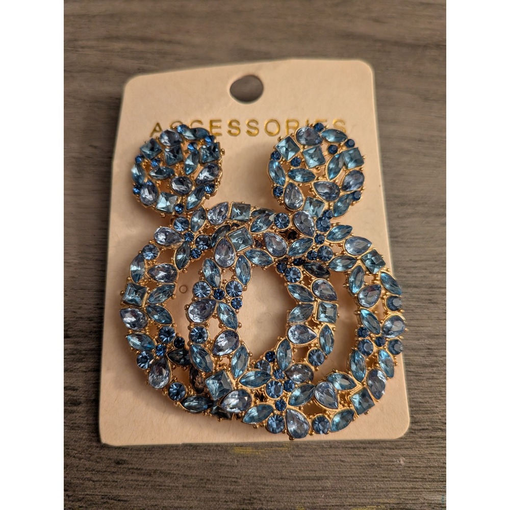 Blue Rhinestone Double Circle Statement Earrings Gold Tone Crystal Drop Jewelry